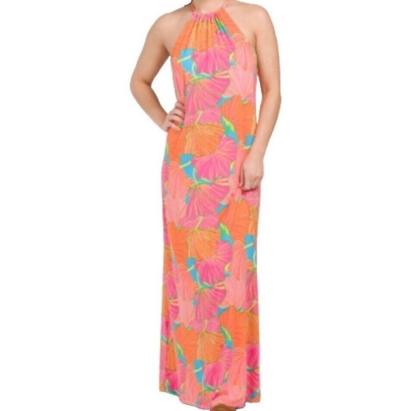 Trina Turk Milan Gingko Floral Drawstring Halter Neck Maxi Dress NEW - Picture 2 of 6